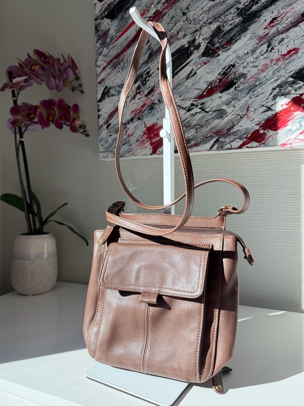 Fossil Brown Leather Crossbody Bag with Front Flap Pocket